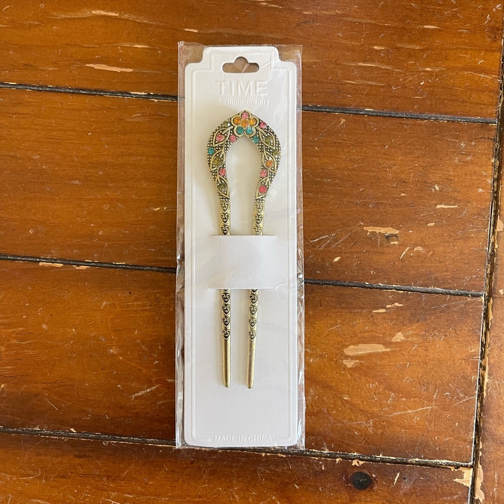 Ornate Floral Metal Hair Fork in Gold with Pink & Turquoise Accents